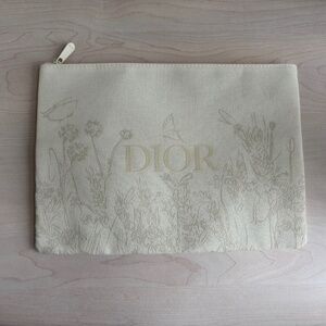 New Dior Linen Like Cream Color Zippered Bag w/ Butterfly Design